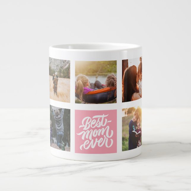 Caneca De Café Grande Melhor Mãe Já Personalizada Colagem de Fotos Rosa (Frente)