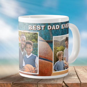 Caneca De Café Grande Melhor Pai Basquetebol Bola 3 Colagem de Fotos Pai