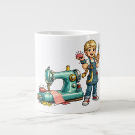 Caneca De Café Grande Menina Fofoqueira de Costura Cartoon com Máquina A