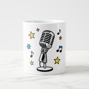 Caneca De Café Grande Microfone Vintage Notas Musicais Design Retrô de C