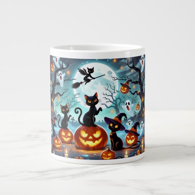 Caneca De Café Grande Midnight Magic: Black Cats & Pumpkins Halloween  (Frente)