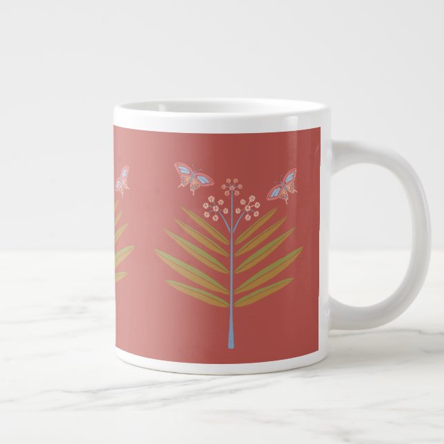 Caneca De Café Grande Milkweed & Butterflies 20os, Rosa, Coral, Verde (Direita)