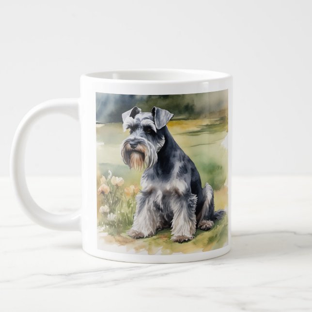 Caneca De Café Grande Miniatura Schnauzer no jardim - Aquarela (Esquerda)
