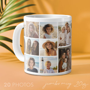 Caneca De Café Grande Modelo de Colagem de 20 Fotos - Branco Minimalista