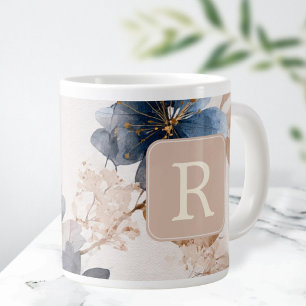 Caneca De Café Grande Modelo de Monograma de Flor Bonita Personalizado