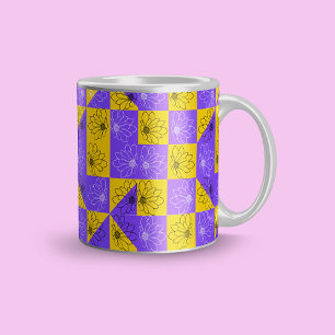 Caneca De Café Grande Modern purple & golden Checkerboard floral pattern