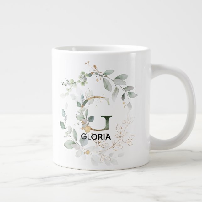 Caneca De Café Grande Moderno 'G' Inicial Com Nome Greenery (Direita)