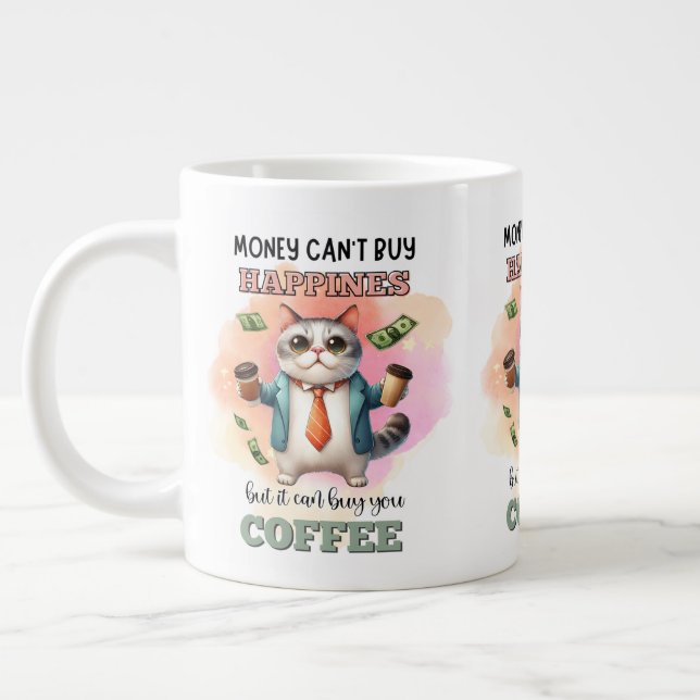Caneca De Café Grande Money Can't Buy Happiness Funny Cat Lover Gift  (Esquerda)