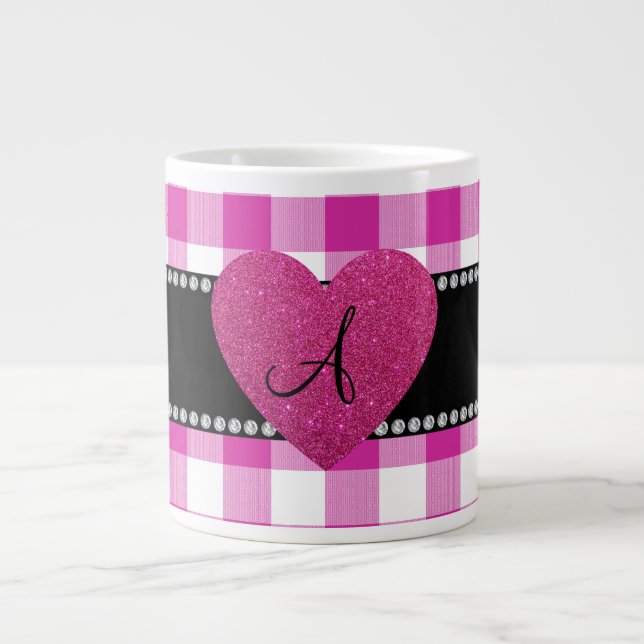 Caneca De Café Grande MONOGRAM Coração do padrão de gingham rosa (Frente)