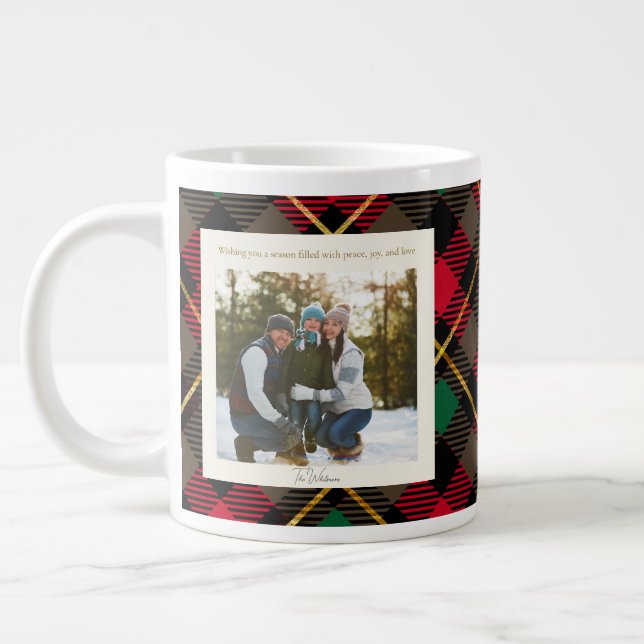 Caneca De Café Grande Monograma 2 Foto Natal Xadrez Verde Vermelho Rústi (Esquerda)