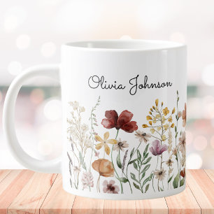 Caneca De Café Grande Monograma Aquarela Floral Bonito