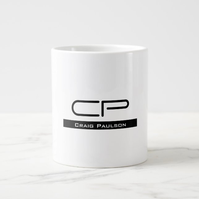 Caneca De Café Grande Monograma Branco Preto Nome Simples Simples Comum  (Frente)