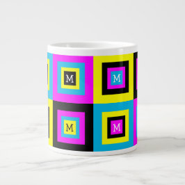 Caneca De Café Grande Monograma CMYK dos quadrados geométricos