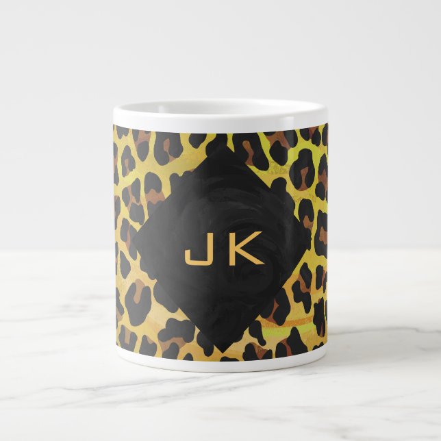 Caneca De Café Grande Monograma com Leopardo Castanho e Amarelo (Frente)