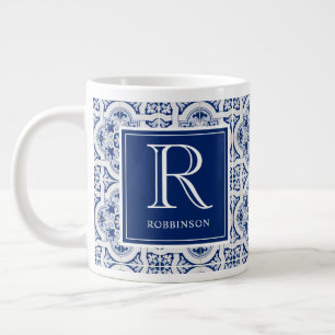 Caneca De Café Grande Monograma com Nome Azulejo Azul Siciliano