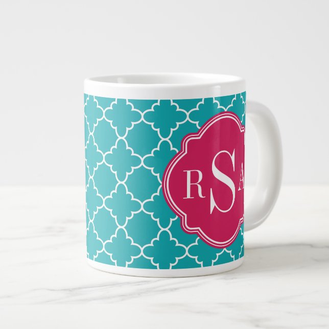 Caneca De Café Grande Monograma Cor-de-Rosa Azul Trellis (Frente Esquerda)