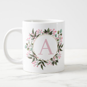 Caneca De Café Grande Monograma de Círculo Floral Rosa Editável Inicial