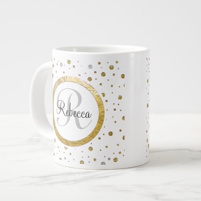 Caneca De Café Grande Monograma de Confetti Prata/Dourado (Frente Esquerda)