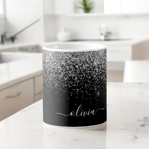 Caneca De Café Grande Monograma de Nome Moderno Brilho Preto Prata