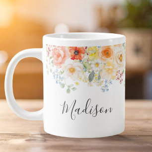 Caneca De Café Grande Monograma de Nome Personalizado Aquarela Floral En