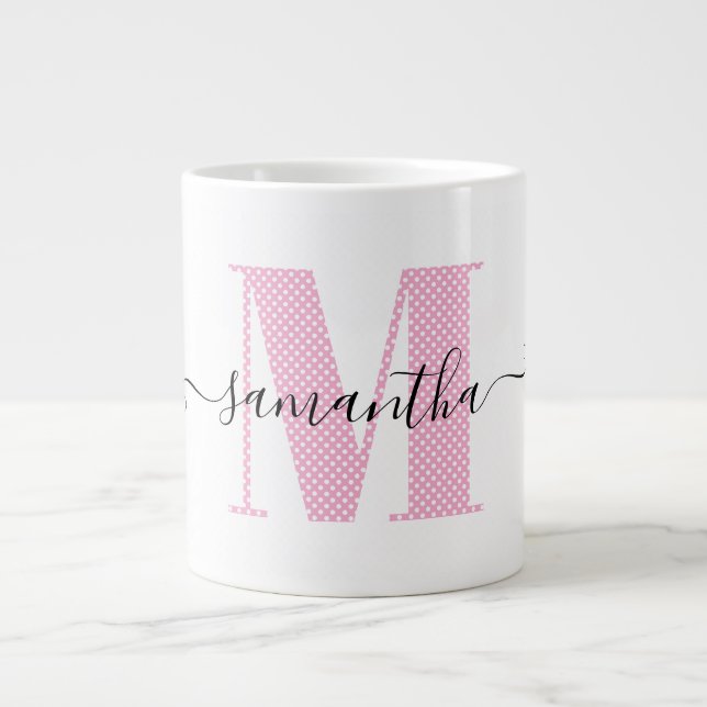 Caneca De Café Grande Monograma de Pontos Polka Rosa Claro e Branco Femi (Frente)