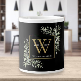 Caneca De Café Grande Monograma Dourado Elegante Modernidade Verde Preto
