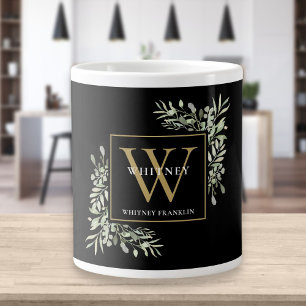Caneca De Café Grande Monograma Dourado Elegante Modernidade Verde Preto