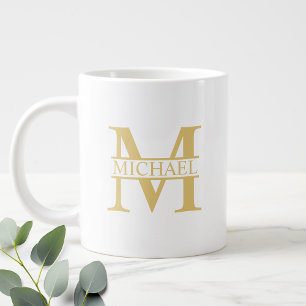 Caneca De Café Grande Monograma e Nome Personalizados Branco e Dourado