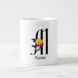 Caneca De Café Grande Monograma Floral Personalizado M + Nome