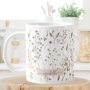 Caneca De Café Grande Monograma Flores Silvestres Marrons Delicadas Folh