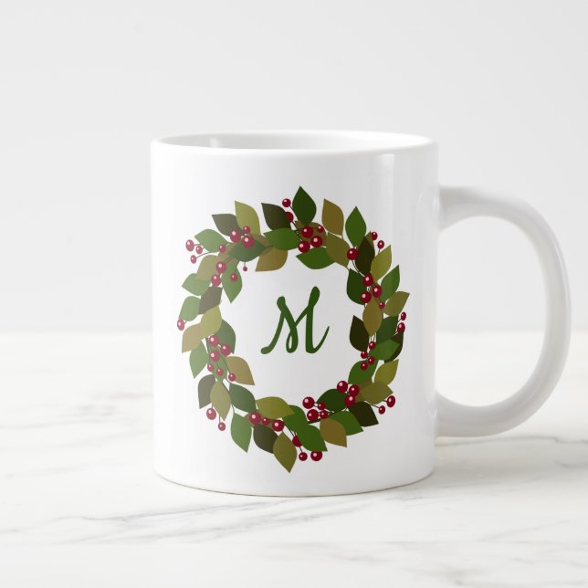 Caneca De Café Grande Monograma Foliday Wreath | Berreiras e Folhas (Direita)