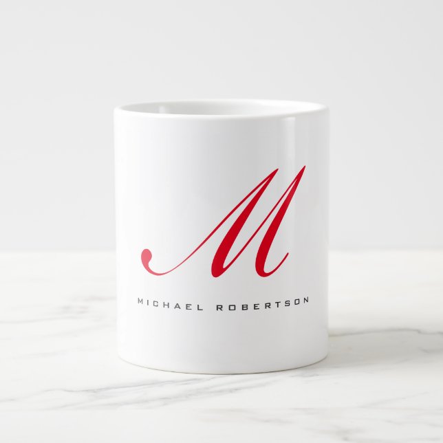 Caneca De Café Grande Monograma Nome Inicial Branco Vermelho Único Minim (Frente)