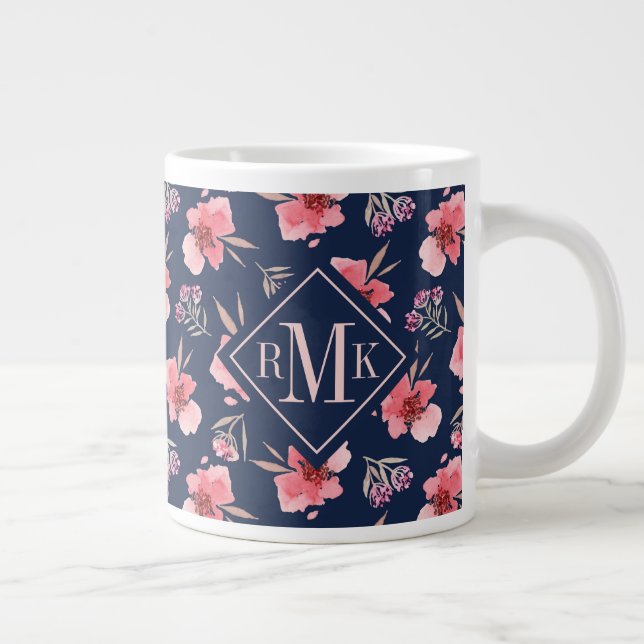 Caneca De Café Grande Monograma| Padrão de Aquarela Rosa Escuro (Direita)