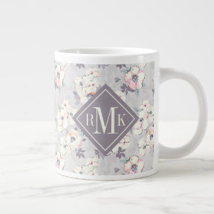 Caneca De Café Grande Monograma Padrão de Aquarela Rosa Suave