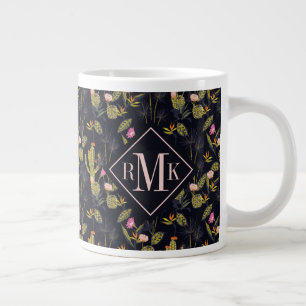 Caneca De Café Grande Monograma Padrão De Cactus De Verão Escuro