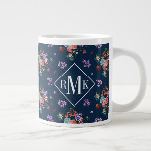 Caneca De Café Grande Monograma Padrão Floral Rose Bouquet