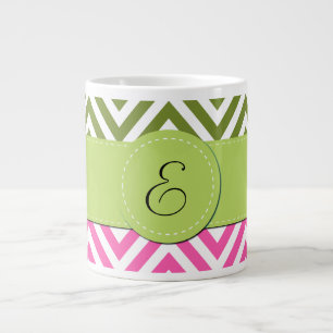 Caneca De Café Grande Monograma - Padrão Zigzag, Chevron - Rosa Branco