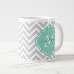 Caneca De Café Grande Monograma Personalizado de cinza e Aqua Chevron