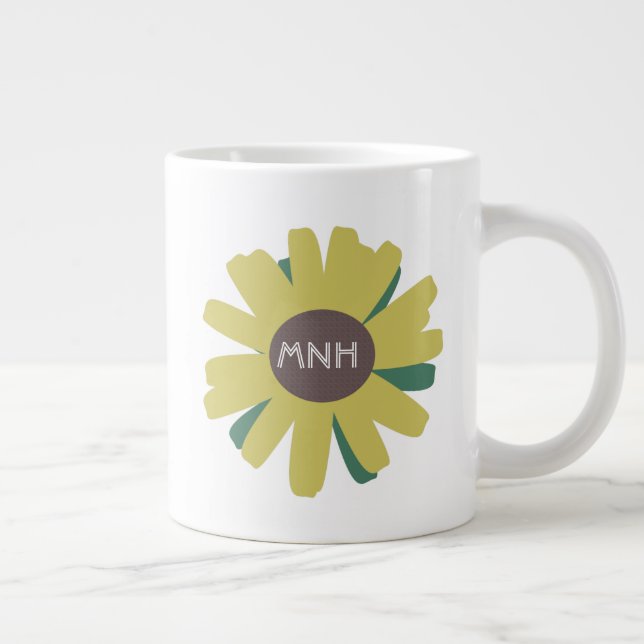 Caneca De Café Grande Monograma Simples da Planta do Jardim de Girassol (Direita)