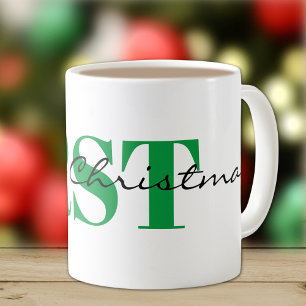 Caneca De Café Grande Monograma Verde e Feliz Clássico de Natal
