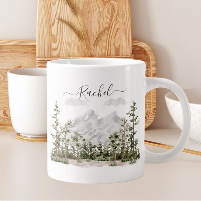 Caneca De Café Grande Montanha e Floresta em Aquarela Monogramada (In situ kitchen)