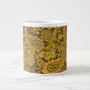 Caneca De Café Grande Motivo Paisley em Amarelo, Marrom sobre Fundo Pret