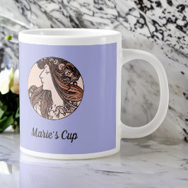 Caneca De Café Grande Mucha Art Nouveau Mulher rosa Flores em roxo
