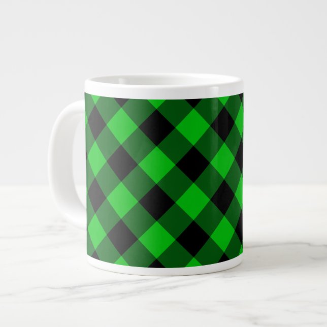 Caneca De Café Grande Mug de cheque preto e verde (Frente Esquerda)
