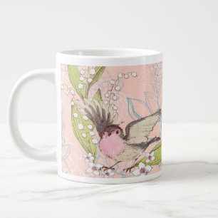Caneca De Café Grande Mug Grande com Peach Floral Background & Bird