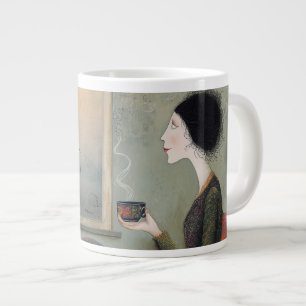 Caneca De Café Grande Mulher Caprichosa Sentada à Janela Segurando
