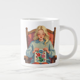 Caneca De Café Grande Mulher de Bordado Cruzado - Amante de Artesanato
