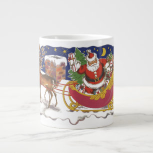 Caneca De Café Grande Natais vintages, Jolly Papai Noel com Sleigh