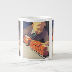 Caneca De Café Grande Natal Antigo, Menino Brincando com Trem de Brinque