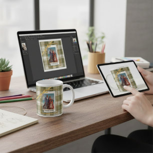 Caneca De Café Grande Natal em Xadrez Verde Foto em Família Rústica